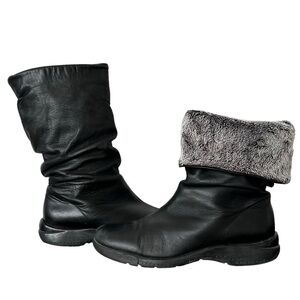 La CANADIENNE Slouchy Mid Calf Cuff Boot Black Leather Faux-Fur Lining Size 10